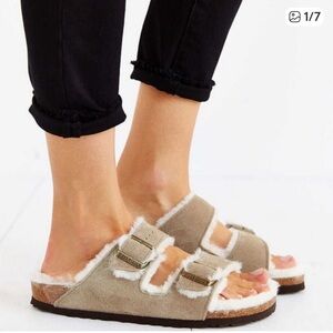 Birkenstock Arizona Shearling Sandals in Taupe Suede 37 Narrow Fit NEW